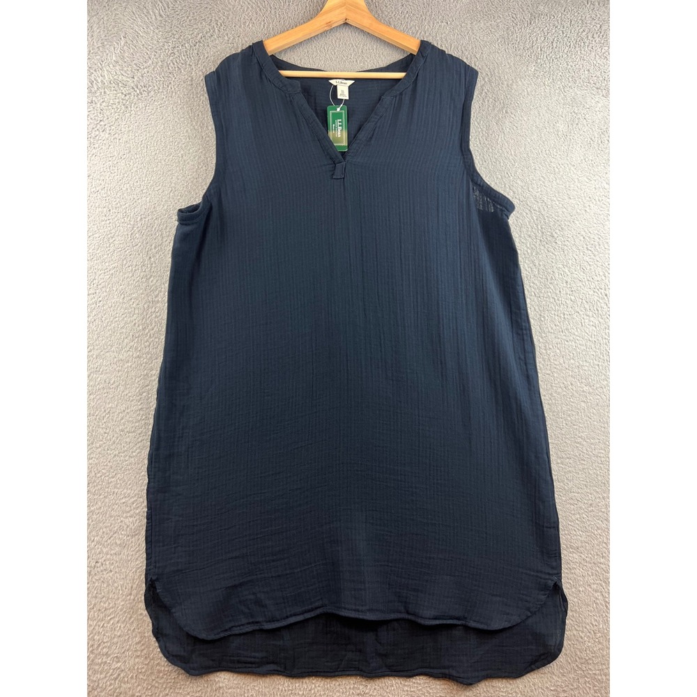 New LL Bean Navy Blue Cotton Gauze Sleeveless Shift Dress XL